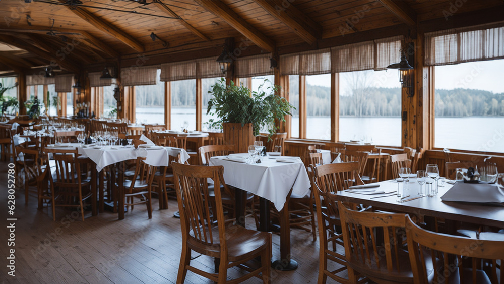 Interior of a country restaurant on the lake shore
