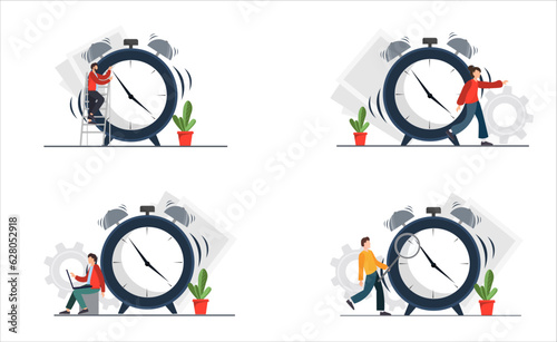 Set of business people hurry up, deadline concept, working plan concept, flat vector illustration