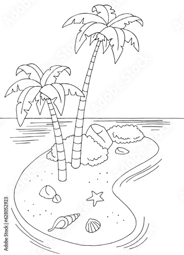 Palms on island graphic black white landscape sketch vertical illustration vector