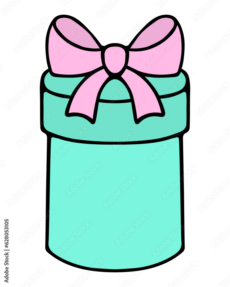 Gift in a tube box. Surprise in a rounded green package, decorated with a pink bow. Color vector illustration. Isolated background. Cartoon style. Nice present. Holiday package delivery. Birthday.