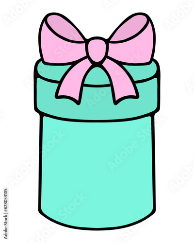 Gift in a tube box. Surprise in a rounded green package, decorated with a pink bow. Color vector illustration. Isolated background. Cartoon style. Nice present. Holiday package delivery. Birthday.