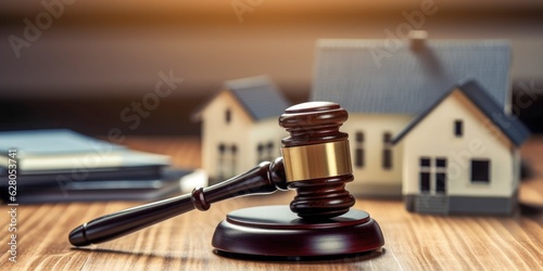 Judge auction and real estate concept. Law hammer and house model. Real estate law. Taxes and profits invested in real estate and home purchase. Generative AI. photo