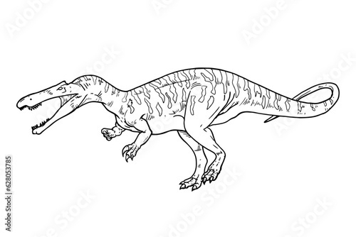 Baryonyx. fish-eating dinosaur that lived in the early Cretaceous Period. Black white sketch dinosaur. Coloring dinosaur. © Tirtonirmolo
