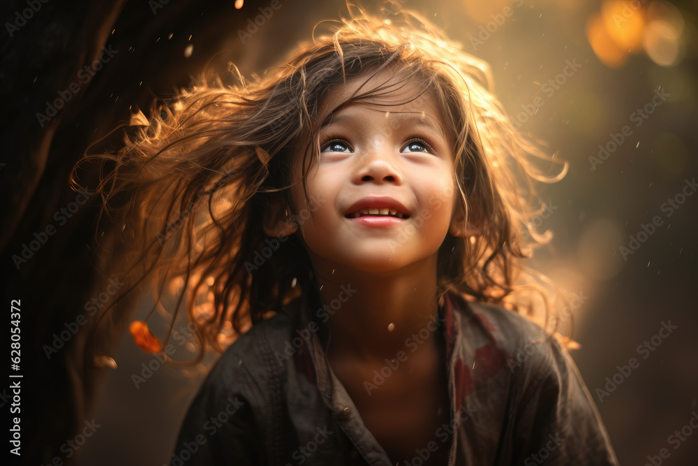 Young kid with long hair that is blowing in the wind