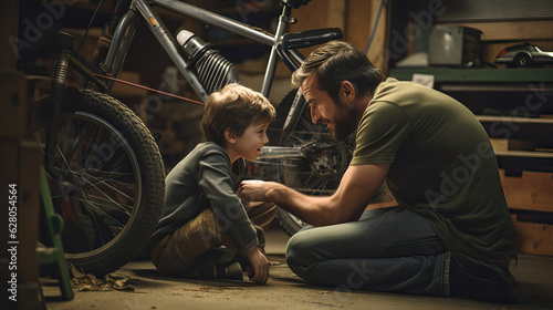 Father and son repairing bike