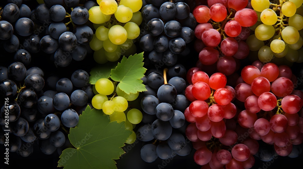 Bunch of colorful grapes. Grapes on a black background, top view, close-up