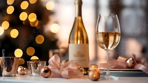 Luxury holiday composition, a bottle of chilled champagne and glasses on the table in front of the seated people, festive lights in the background