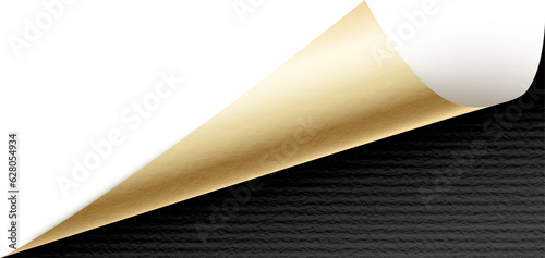 Black Curled Paper Corner. Folded Paper corner in Gold and Black colors. Paper Design Element. 