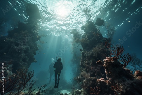 Photograph of people diving in preserved coral reefs full of marine lif, Generative AI