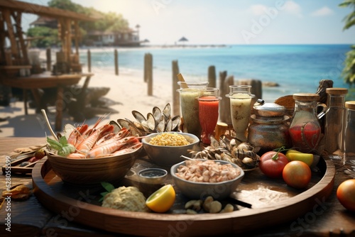 Food tourism concept exploring culinary diversity in coastal region, Generative AI