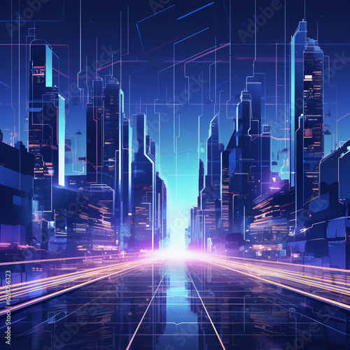 Urban Futurama: Illuminated Cityscape in Neon Light - A Digital High-Tech Metropolis for Banner Background photo