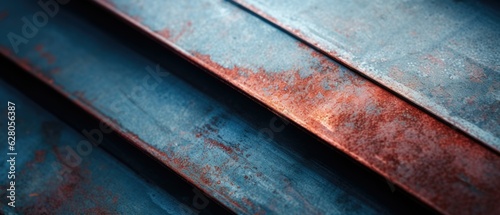 Industrial steel blue metal panels with rusty red corrosion texture  minimalistic grunge background - generative AI 