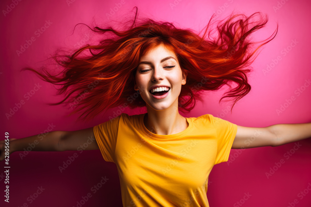 Closeup of a young redhead woman dancing and waving her hands. Generative AI. Closeup of a young redhead woman dancing and waving her hands. Generative AI.