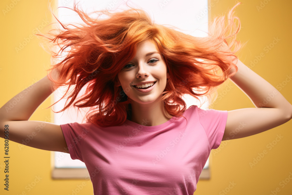 Closeup of a young redhead woman dancing and waving her hands. Generative AI. Closeup of a young redhead woman dancing and waving her hands. Generative AI.