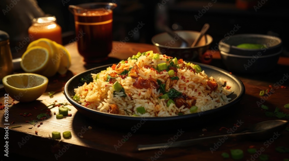 Fried rice with chopped vegetables and meat on a plate with a blurry background Fried rice with chopped vegetables and meat on a plate with a blurry background