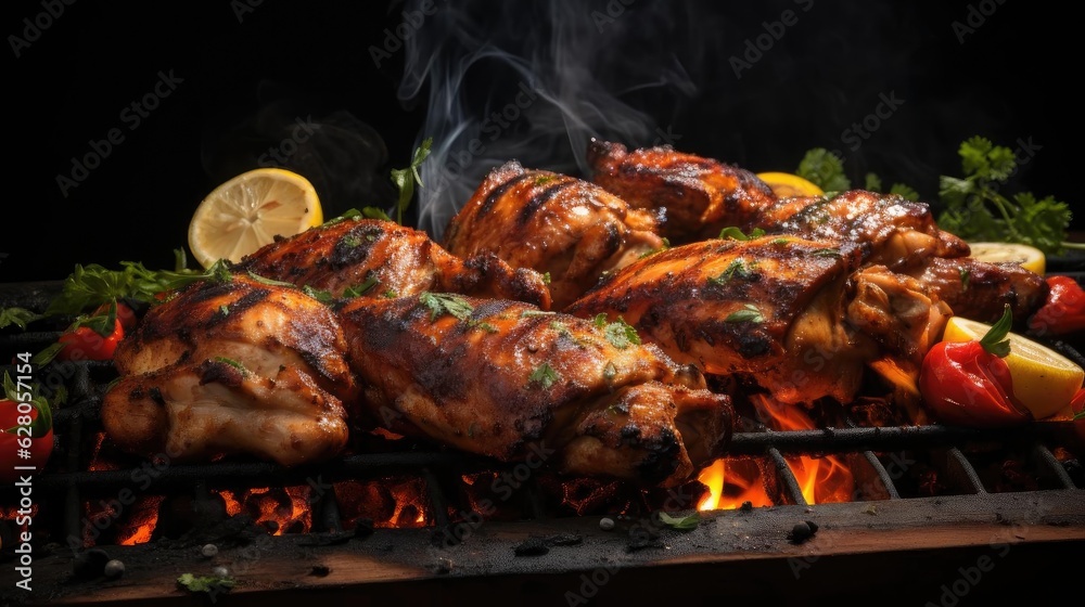 Grilled chicken full of herbs and vegetables on a blurred background
