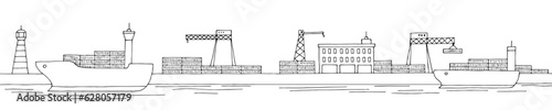 Port loading dry cargo ship graphic black white sea landscape long sketch illustration vector 