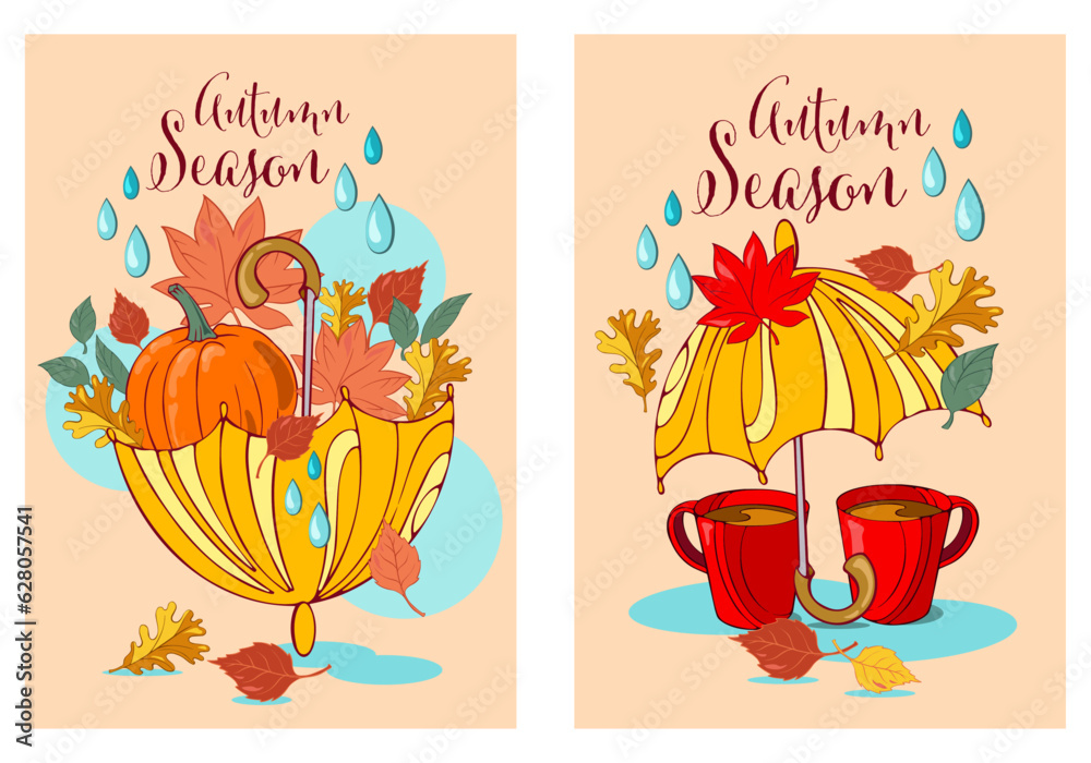 set of autumn cards with yellow umbrella