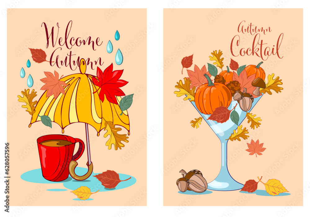 set of autumn cards with yellow umbrella set of autumn cards with yellow umbrella