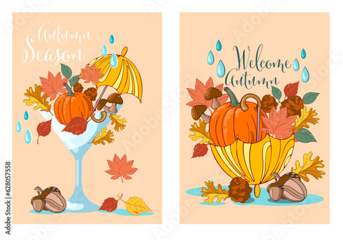 set of autumn cards with yellow umbrella