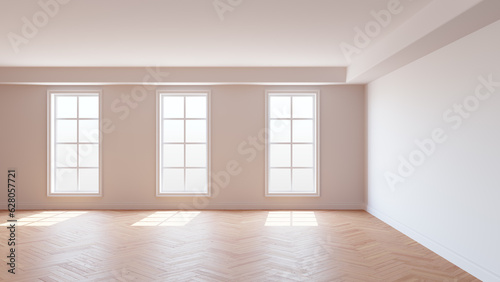 White Room with a White Ceiling and Cornice, Glossy Herringbone Parquet Floor, Three Large Windows and a White Plinth. Sunny Beautiful Interior. 3D illustration, 8K Ultra HD, 7680x4320, 300 dpi