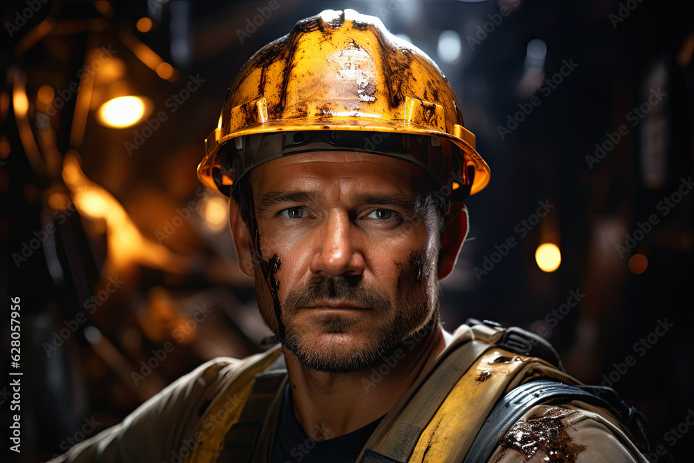 worker in a helmet look on a hard industrial zone, in background big excavators and trucks , ai generative