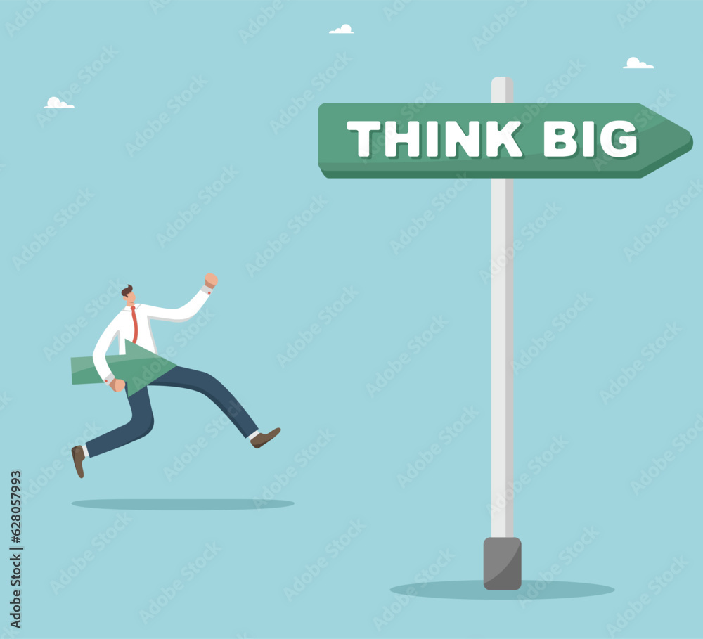 Think big and boldly go towards your goals, desire and motivation on way to great success, use creativity to create ideas and business development strategy, man runs with arrow on pointer think big. Think big and boldly go towards your goals, desire and motivation on way to great success, use creativity to create ideas and business development strategy, man runs with arrow on pointer think big.