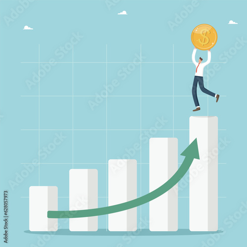 Financial growth and enrichment, business and investment value increase, income and wage growth, economic development, economic and market stability, happy man at the top of the graph with a coin.
