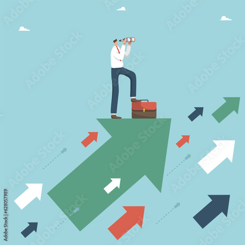 Strategy or a way to achieve goals, analyzing and planning ways to overcome difficulties, new opportunities for growth and business development and achieving success, man on the arrow looks binoculars
