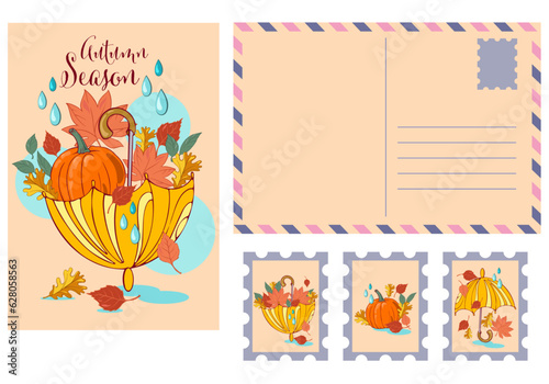 autumn post card with stamps