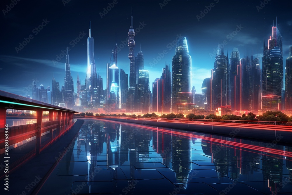 Cityscape photography with futuristic architecture and stunning night lighting, Generative AI