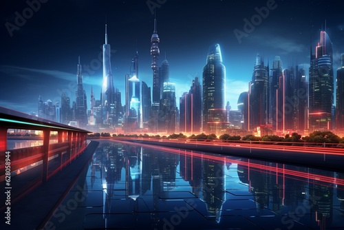 Cityscape photography with futuristic architecture and stunning night lighting  Generative AI