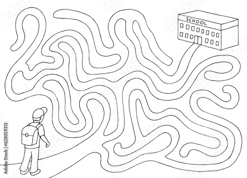 Maze road to school graphic black white sketch illustration vector