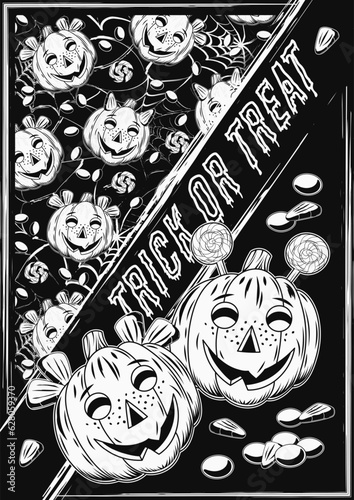 Halloween veritcal a4 poster with pumkin heads like happy kids, traditional sweets, text Trick or Treat. Diagonal composition. Vintage style. photo
