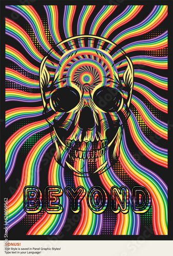 Psychedelic hypnotic poster with black outline silhouette of human skull, wavy rainbow beams, word Beyond. Concept of expanded consciousness, psychic abilities, hypersensitive perception