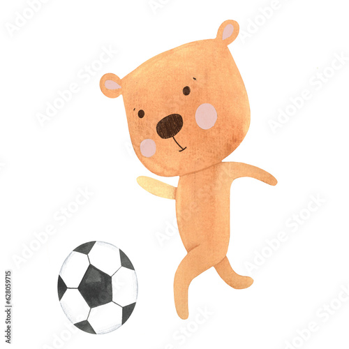 cubs play football  cute bears play ball  outdoor sports games painted with watercolors  outdoor physical education