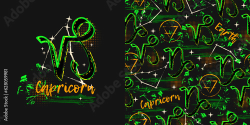 Label, pattern with icon of zodiac sign Capricorn with constellation, text, paint splatter, smudge, brush strokes. Horoscope esoteric element of the element of earth. For decoration in street style