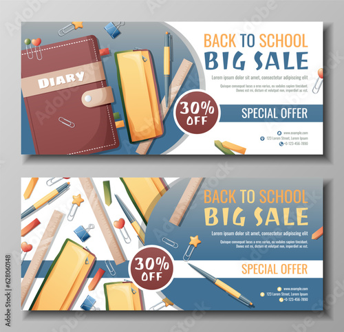 Banner design set with diary, pencil case, pen and paper clips scattered on the surface. Back to school, study, education. Office supplies scattered on the surface. Discount flyer with school items.