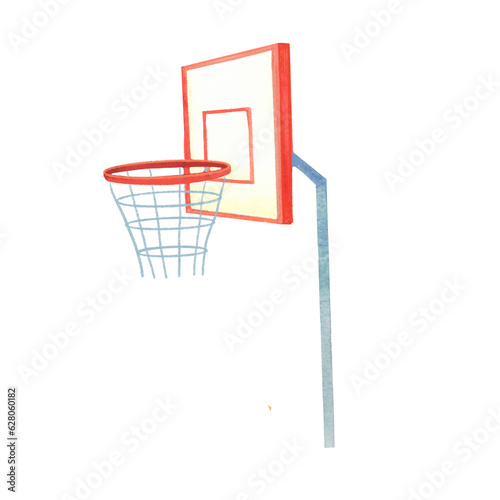 basketball hoop, equipment for sports and ball games, painted by hand in watercolor