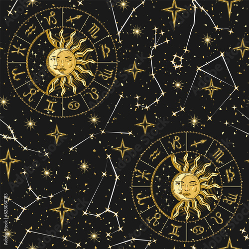Seamless pattern with zodiacal wheel, constellations, stars, space background. Golden shiny zodiac signs, star dust, sun eclipse with crescent moon. Mystical astrological illustration