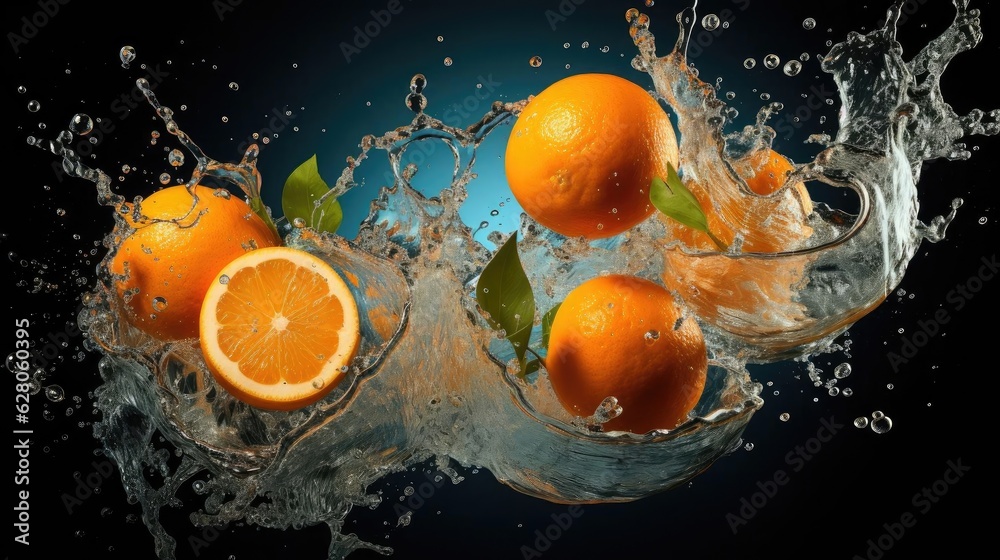 flying fresh orange splashed with water on black background and blur flying fresh orange splashed with water on black background and blur