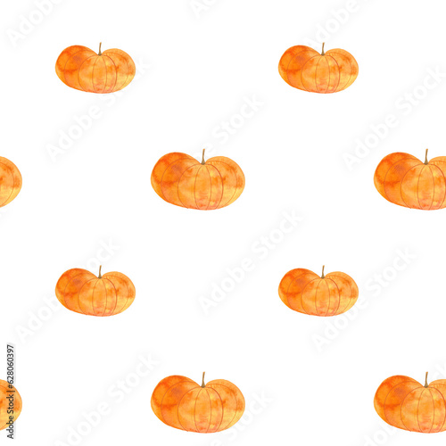 pattern with pumpkins painted in watercolor, autumn pattern seamless, print for halloween