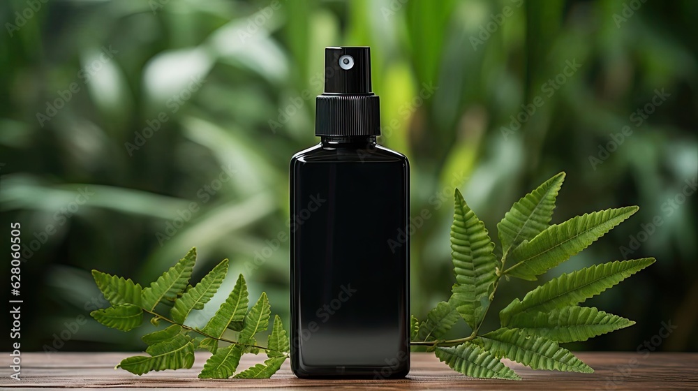 hand sanitizer bottle for mockup on wooden table with leaf ornament and blur background hand sanitizer bottle for mockup on wooden table with leaf ornament and blur background