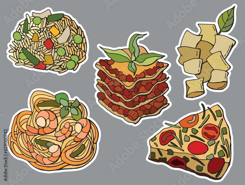 Italian cuisine stickers. Lasagna, fritata, pasta, risotto, gnocchi. 