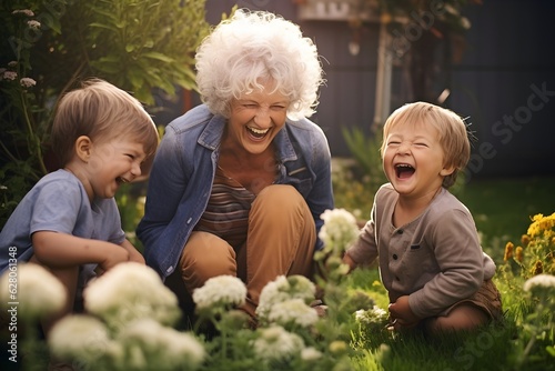 A senior woman sharing laughter and joy with her grandchildren in a garden, epitomizing the beautiful bond between generations