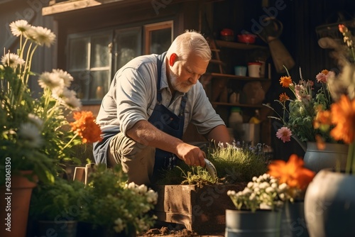 A senior man meticulously tending to his lush garden, representing an active lifestyle and the therapeutic benefits of nature in later life