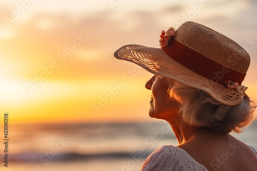 Obraz na płótnie A senior woman deeply engrossed in the mesmerizing view of a sunset from a beach