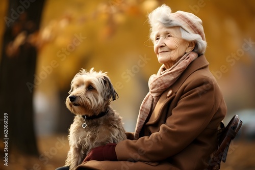 An elderly woman enjoying a relaxing moment with her dog in a park, illustrating the companionship between humans and their pets in later life