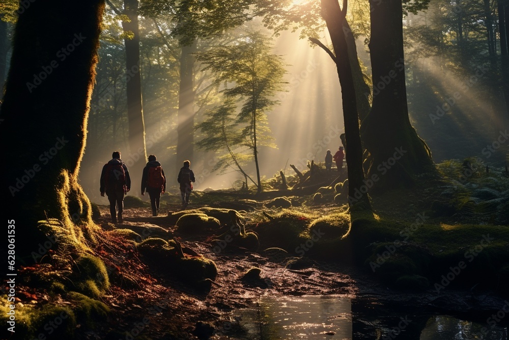 Photograph of people exploring enchanted forests amd mist and sun rays, Generative AI