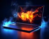 Glowing gaming laptop with flaming 3D effects wallpaper, ai generated